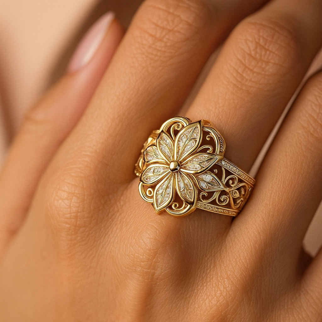 Daniela – Guldring med eksotisk zirkonia-blomstermotiv