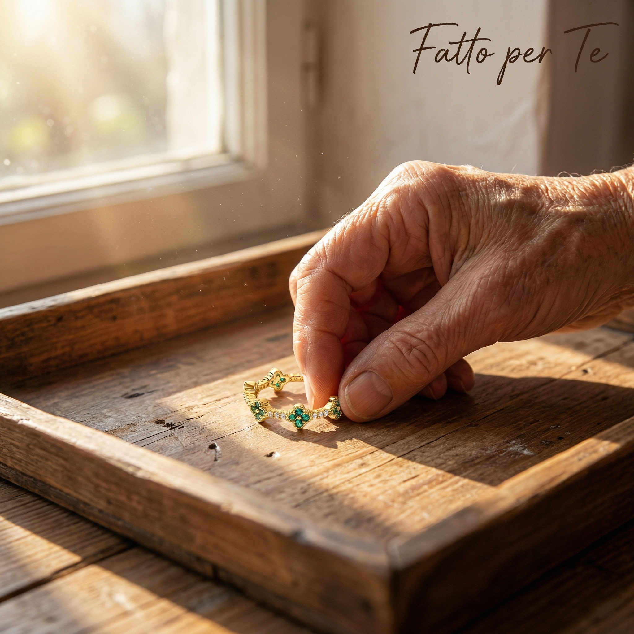 Annika – Goldring mit floralen Details und Smaragdelement.